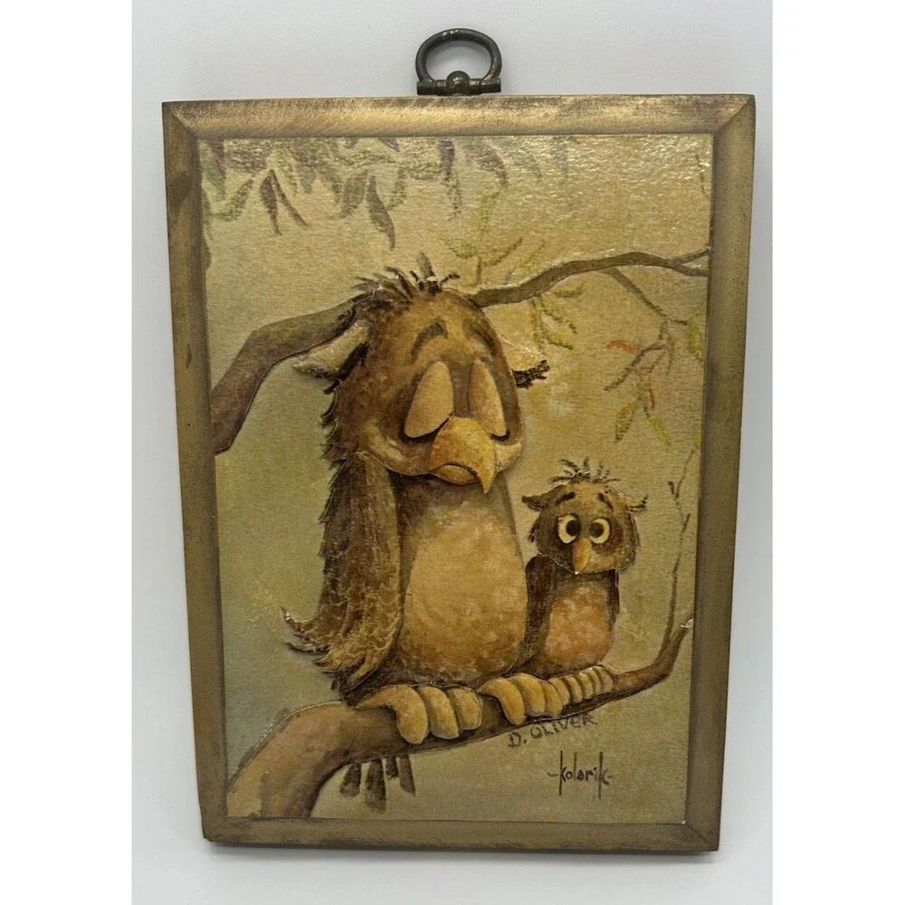 VTG Wooden Decoupage Owl Plaque‎ MCM Gallery Wall Green Brown D.Oliver Kolarik
